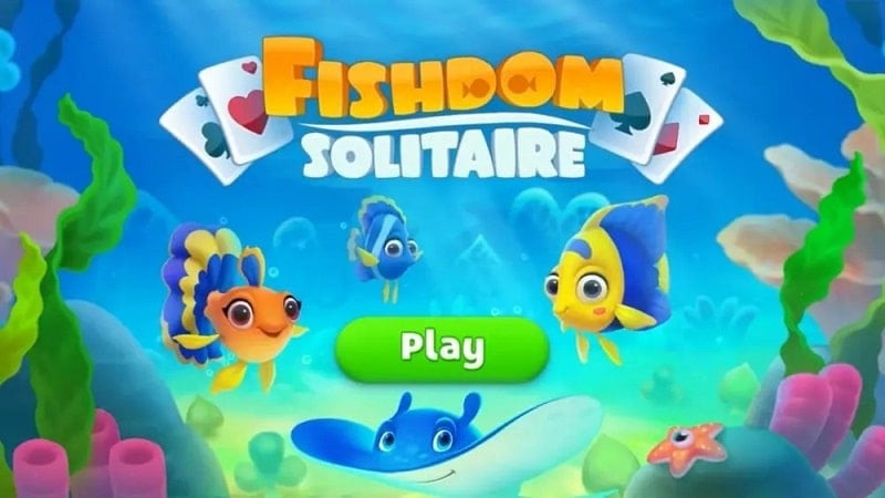 Giao diện chính của Fishdom Solitaire với bể cá đầy màu sắc và các tùy chọn khác.