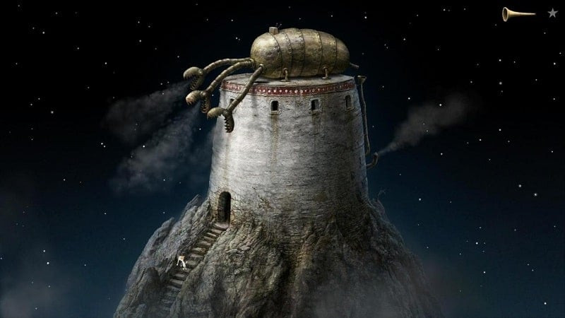 Hình ảnh chú lùn trong game Samorost 3 đang khám phá một hành tinh lạ