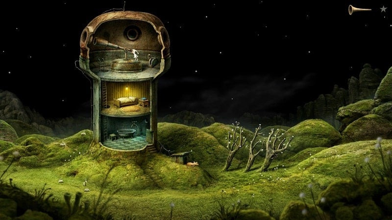 Hình ảnh chú lùn trong Samorost 3 đang giải một câu đố logic