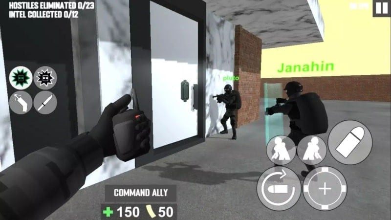 Nhân vật trong Project Breach 2 CO-OP CQB FPS android đang chạy trốn khỏi vụ nổ