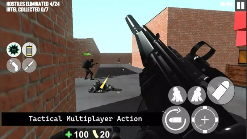 Nhân vật trong Project Breach 2 CO-OP CQB FPS MOD APK đang sử dụng súng và di chuyển trong bản đồ